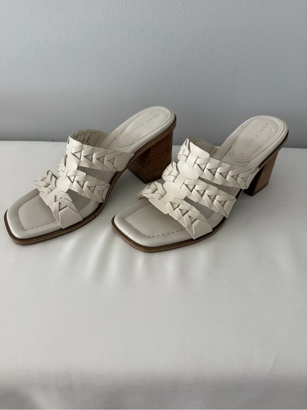 Marc Fisher Cream Braided Leather Block Heel Mules